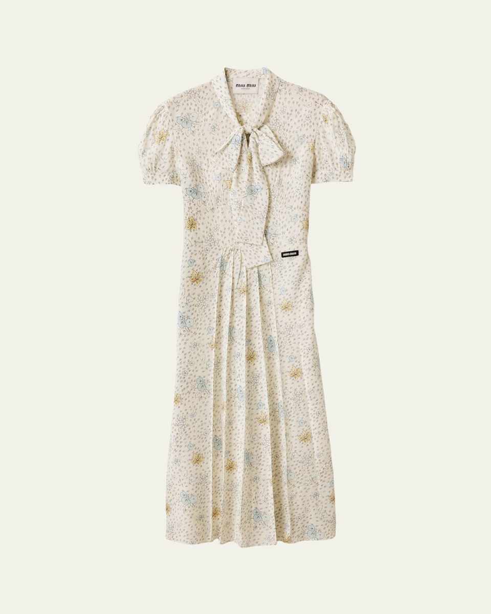 Floral Neck-Tie Short-Sleeve Midi Dress